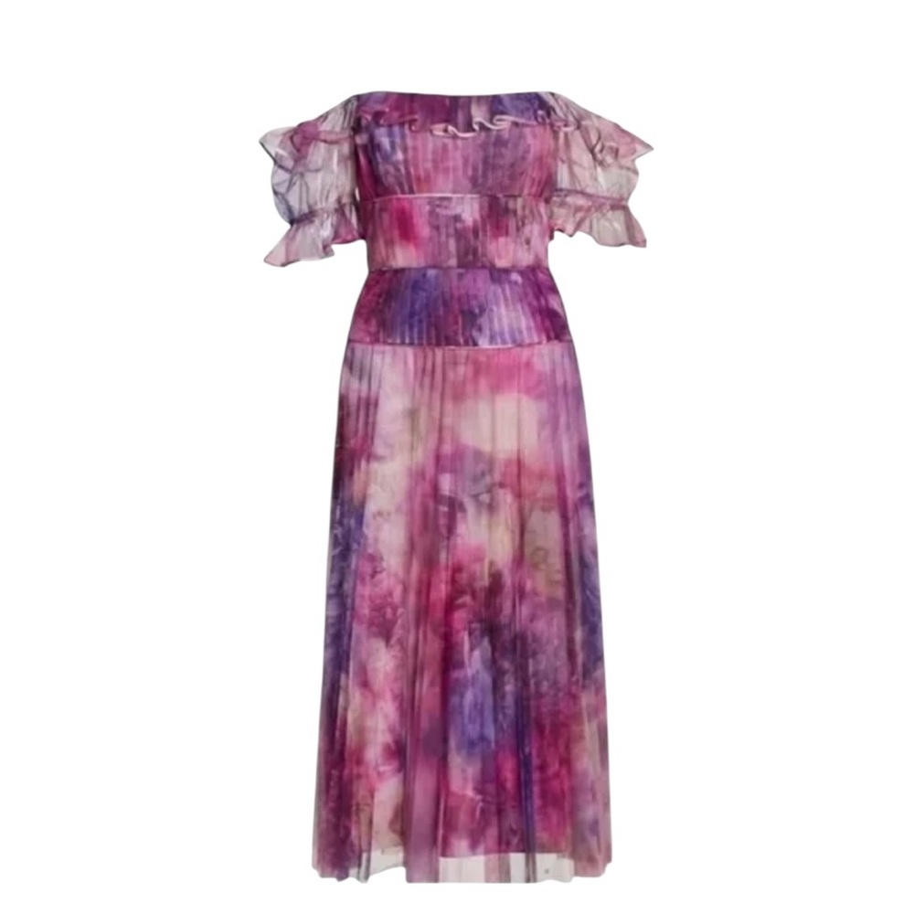 Marchesa Notte Off-Shoulder Pleated Chiffon Dress Size 10 NWT